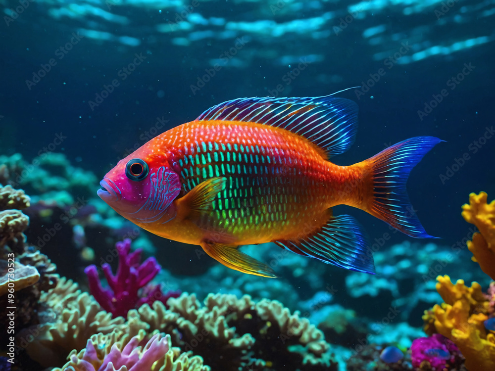 an underwater scene featuring a glowing magic rainbow fish swimming gracefully in a vibrant coral reef an underwater scene featuring a glowing magic rainbow fish swimming gracefully in a vibrant coral reef