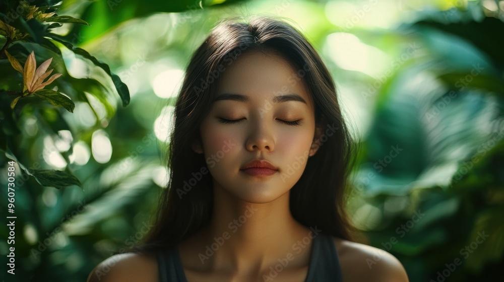 A Woman with Closed Eyes Surrounded by Lush Green Foliage A Woman with Closed Eyes Surrounded by Lush Green Foliage