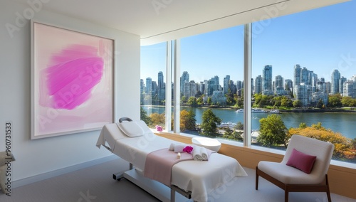 Modern white medical beauty clinic with elegant massage table and large windows