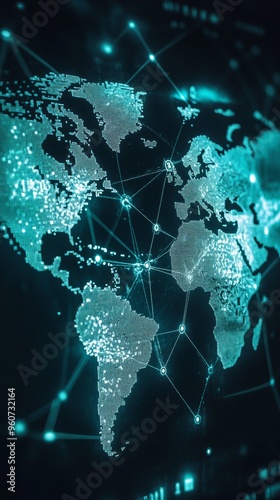 A blue and green image of the world with a lot of lines connecting it