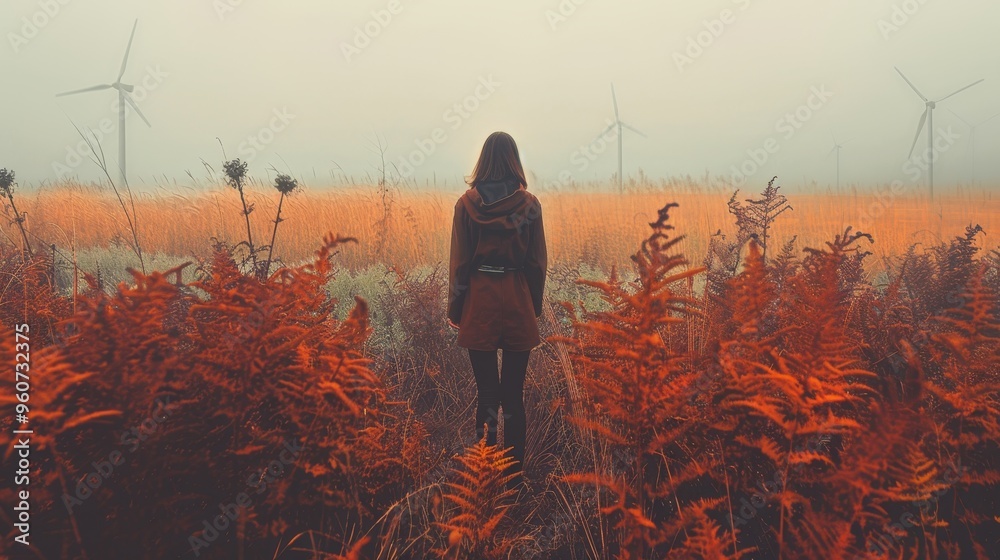 Fototapeta premium Lone individual strolling through misty landscape surrounded by wind energy turbines