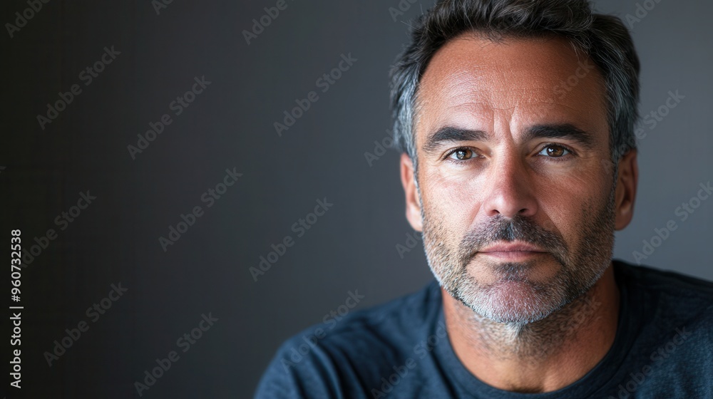 Fototapeta premium A man looks intensely, reflecting on thoughts while seated against a muted backdrop in soft afternoon light, evoking seriousness. Generative AI