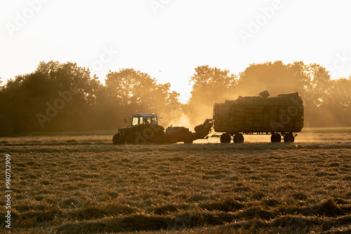 a tractor pressing straw bales in the distance on a glowy golden summer evening photo