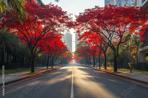 During dawn in Curitiba, Brazil, a street is lined with autumn trees.