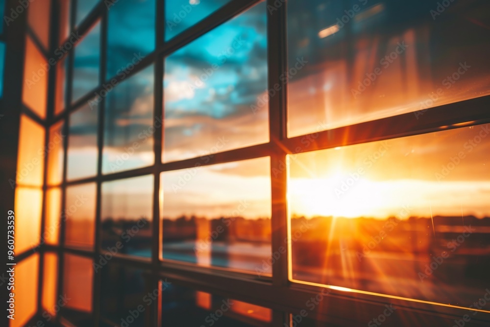 Fototapeta premium Sunset through the window of an office building, silhouette, high-rise buildings in the distance, corporate head office.