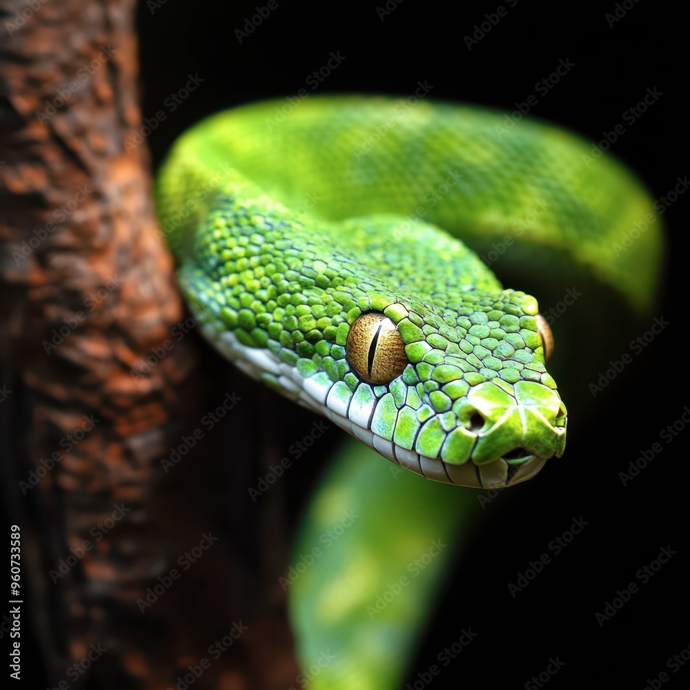 Green tree python resting on a branch in a lush forest setting Green tree python resting on a branch in a lush forest setting