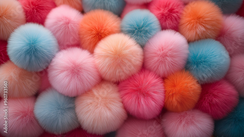 A close-up of many different-colored fluffy balls, beautiful colors and shapes