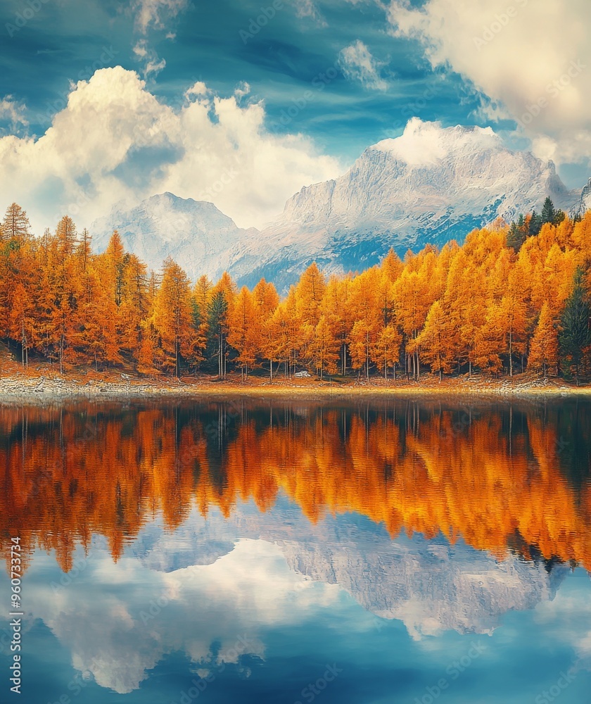 Fototapeta premium Colourful autumn scene of Welsperg lake, Italy. Stunning landscape of Dolomite Alps, Italy, Europe. Calm morning scene of Tonadico, Trento, Italy. Beauty of nature concept.
