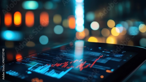 Wallpaper Mural Tablet Screen with Financial Chart in Blurred City Lights Torontodigital.ca