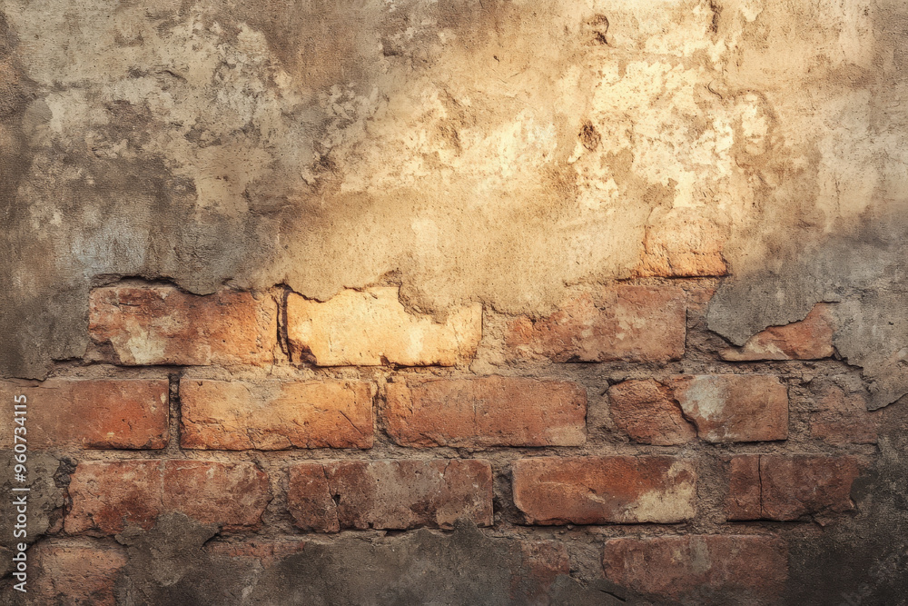 A weathered, reddish-brown brick wall with visible imperfections and rough textures, set in a warm, natural light setting.