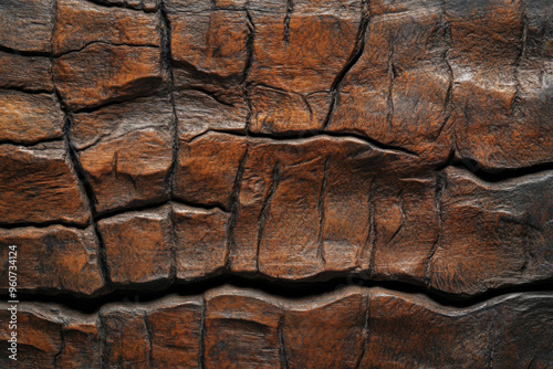 A brown textured surface with a rugged, hand-hewn finish, reminiscent of carved wood, with deep, irregular patterns. photo