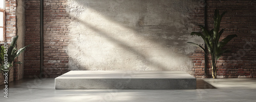 A minimalist concrete podium with a smooth, matte finish, set against a stark, industrial-style background with exposed brick walls.