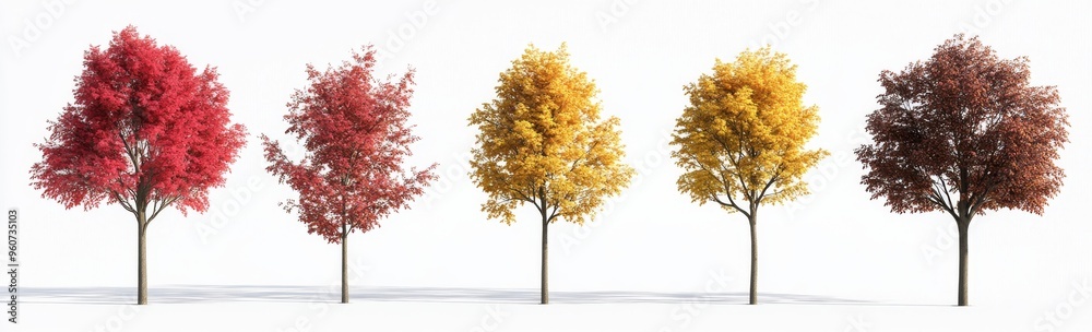 Fototapeta premium 6 different street autumn trees (Quercus rubra, platanus, maple) isolated on a transparent background