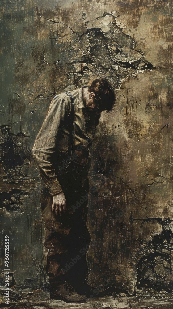A man stands in front of a wall with graffiti on it. The man is wearing a white shirt and a black hat. The wall is covered in graffiti and he is old and worn. Scene is somewhat somber A man stands in front of a wall with graffiti on it. The man is wearing a white shirt and a black hat. The wall is covered in graffiti and he is old and worn. Scene is somewhat somber