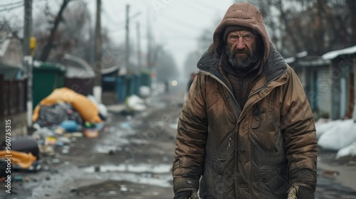 Homeless. A man in a brown jacket is shoveling trash. The scene is dirty and unkempt, with trash scattered around. The man is working hard, but the overall mood of the image is negative and unpleasant