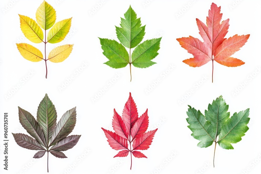 Fototapeta premium A flat lay of colored autumn leaves against a white background.