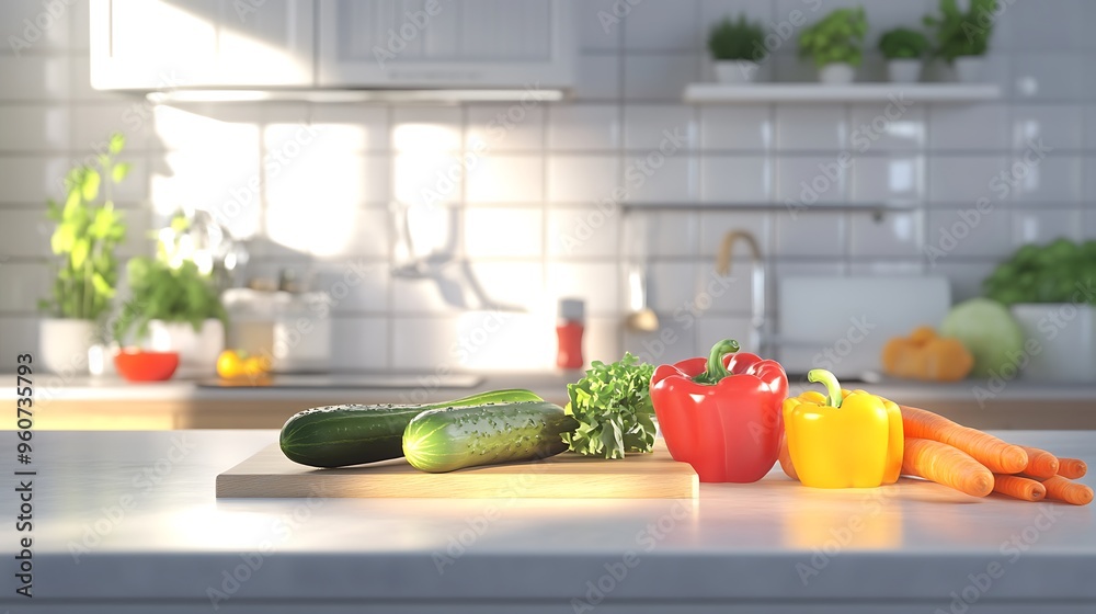 Realistic kitchen scene with an assortment of fresh vegetables including bell peppers, cucumbers, and carrots displayed on a clean counter Realistic kitchen scene with an assortment of fresh vegetables including bell peppers, cucumbers, and carrots displayed on a clean counter
