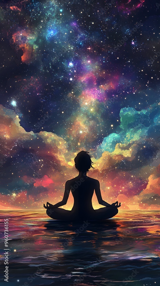 A person sitting in a lotus position, meditating with their eyes closed; a serene lake under the starry sky A person sitting in a lotus position, meditating with their eyes closed; a serene lake under the starry sky