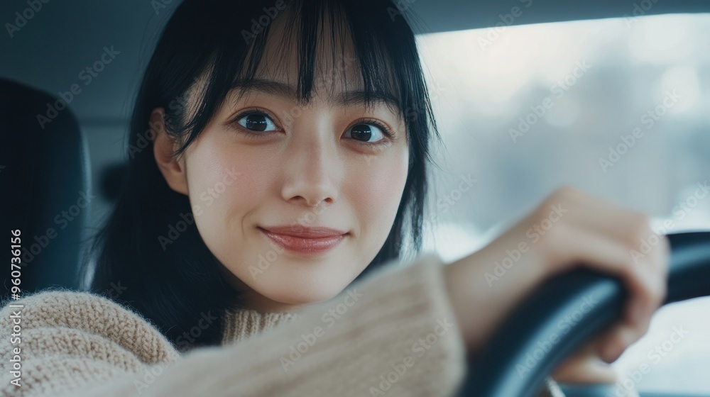 Woman Smiling While Driving a Car Woman Smiling While Driving a Car