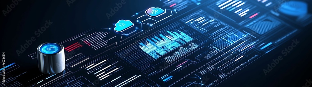 Futuristic Data Analysis Visualization with 3D Cylinders and Cloud Computing Symbols on Modern Background Futuristic Data Analysis Visualization with 3D Cylinders and Cloud Computing Symbols on Modern Background