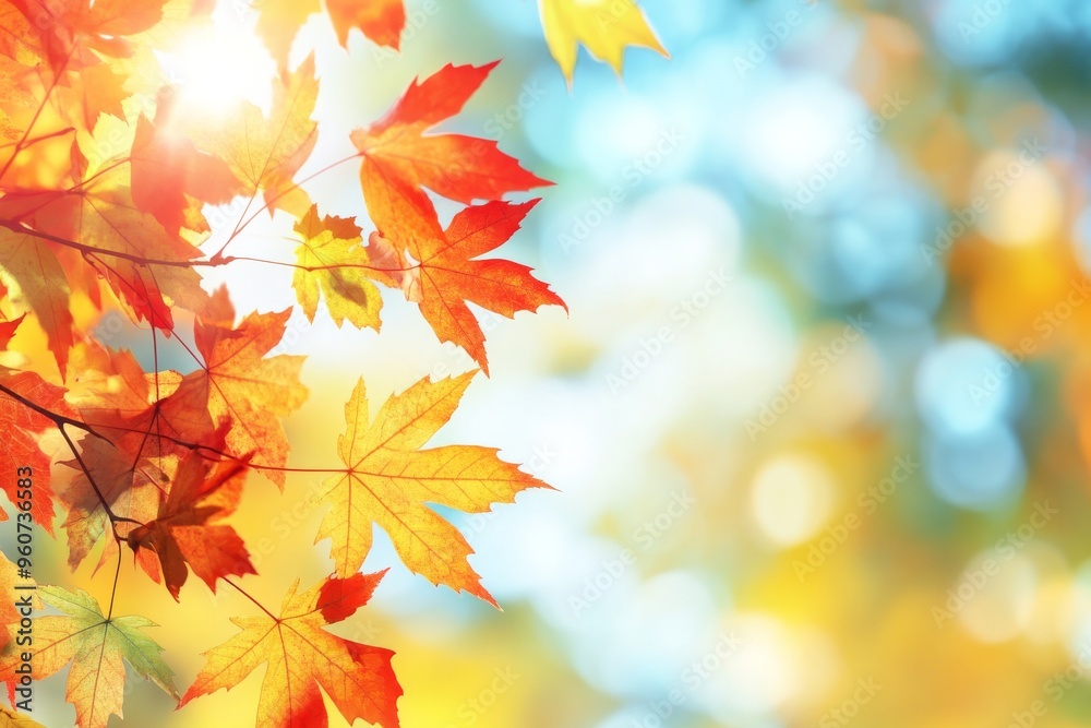 Autumn vibes with orange maple leaves on a branch and bokeh in the background