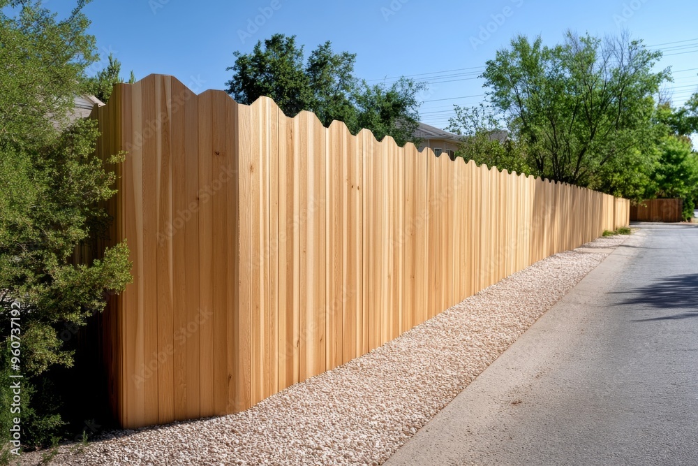 Wooden fence with smooth wood slats, surrounded by gravel and lined along street in upscale neighborhood under clear blue skies