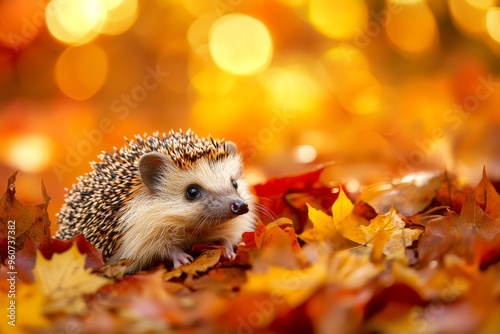 With selective focus and copy space, hedgehog atop autumn nature.