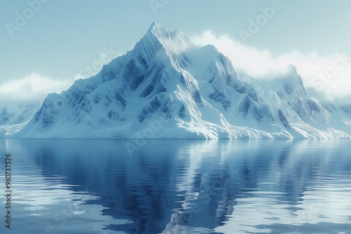 Arctic glacier melting under sun in icy blue water. Reflects climate change impact. Global warming concept, disappearing ice formations, with copy space