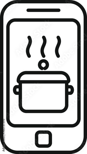 Simple vector showing a smartphone with a steaming pot on the screen, representing an online cooking course app