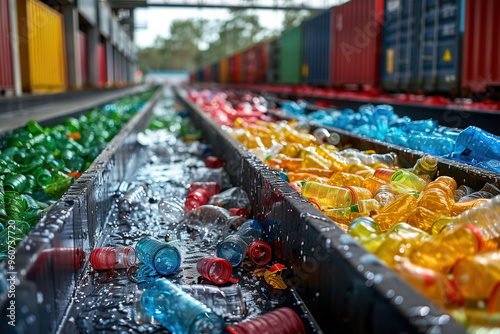 Plastic bottles sorted by color in separate sections at recycling center. Organized waste management process displayed. Efficient sorting system showcased. Recycling efficiency, waste segregation
