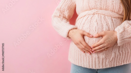 Pregnant woman holding her belly, wearing a cozy sweater, on a pink background. Concept of maternity, and love for unborn child.