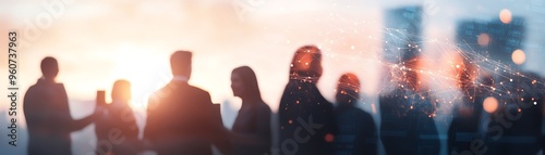 Silhouettes of business professionals networking outdoors at sunset, with a city skyline blurred in the background.