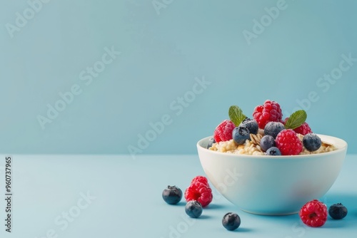 Fresh berries and raspberries on oatmeal on a fuzzy background photo