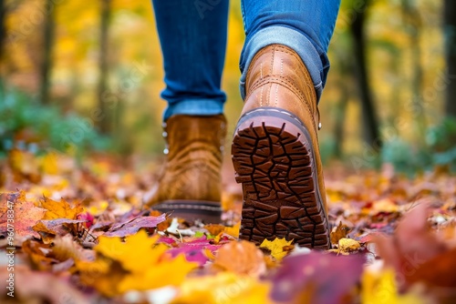 With colorful fallen leaves and hiking boots, a person walks in autumn forest path