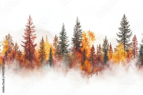 This watercolor depicts a colorful autumn forest with foliage contrasted against dark pine trees in red and yellow