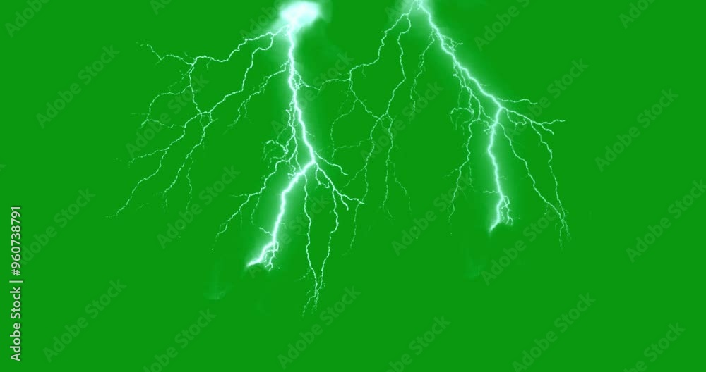Lightning Thunder over a solid green background. 4k resolution white Strike of Electric Thunderstorm Overlay on chroma key. Editable Graphic for Dramatic Storms and Bad Weather