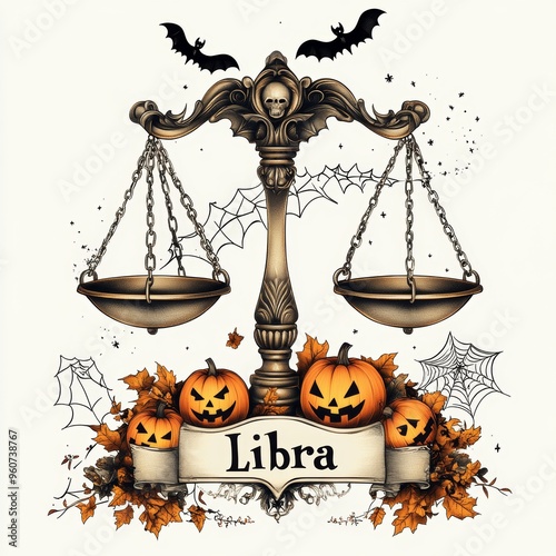 A decorative Libra scale with Halloween elements like pumpkins and bats.