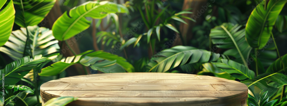 Empty wooden round podium in a tropical jungle forest surrounded by big leaves, with a banner for a natural product presentation skincare health salon Empty wooden round podium in a tropical jungle forest surrounded by big leaves, with a banner for a natural product presentation skincare health salon