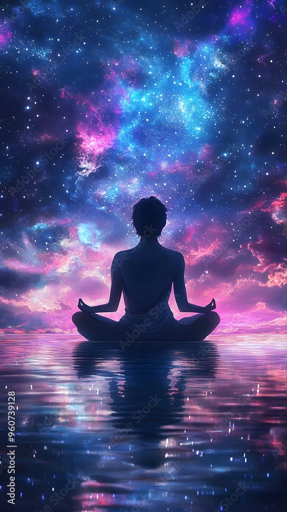 A person sitting in a lotus position, meditating with their eyes closed; a serene lake under the starry sky A person sitting in a lotus position, meditating with their eyes closed; a serene lake under the starry sky