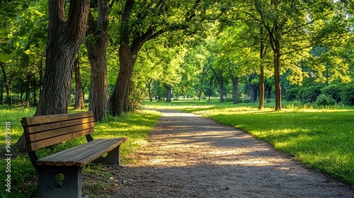 A bench with an old tree and a walkway in the summer park