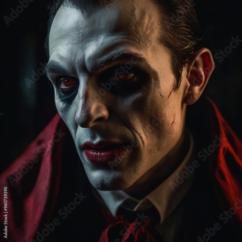 Ghoulishly Elegant Vampire with Dramatic Red Eyes and Pale Makeup for Halloween Theme photo