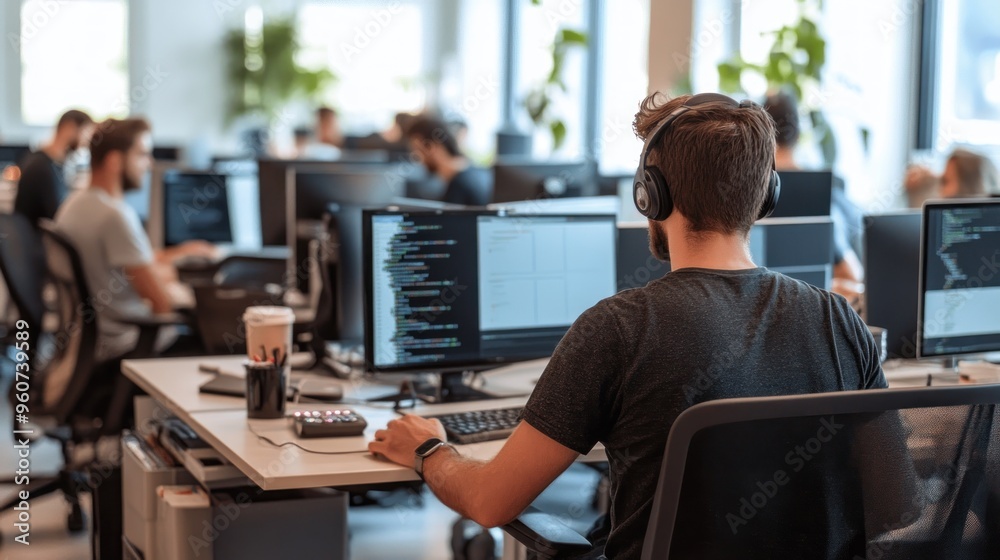 Focused Programmer Working at his Desk in Modern Office Focused Programmer Working at his Desk in Modern Office