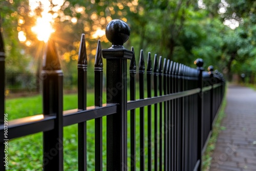 Black ornamental high-end aluminum fence with green grass background