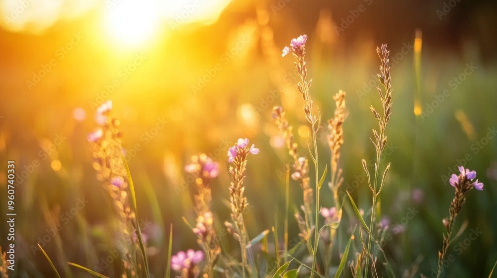 Closeup grass flowers blooming in the meadow before sunset Closeup grass flowers blooming in the meadow before sunset