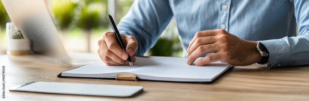Businessman writing in a notebook while using a laptop at a wooden desk, close-up view for financial planning Businessman writing in a notebook while using a laptop at a wooden desk, close-up view for financial planning