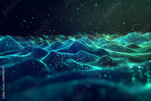 Futuristic digital landscape with abstract data waves and particles. Blue and green neon tones create a high-tech, sci-fi atmosphere, representing data flow and technological innovation. Ideal for con photo