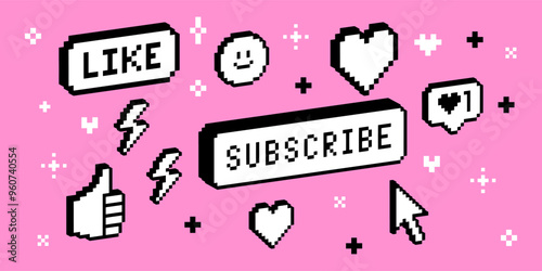 Y2k collage sticker set in 3D pixel art. Smile face, Like, Thumb up, Heart, Subscribe button. Game abstract elements. Geometric simple shapes. Mood of 90's. Retro trendy brutal style
