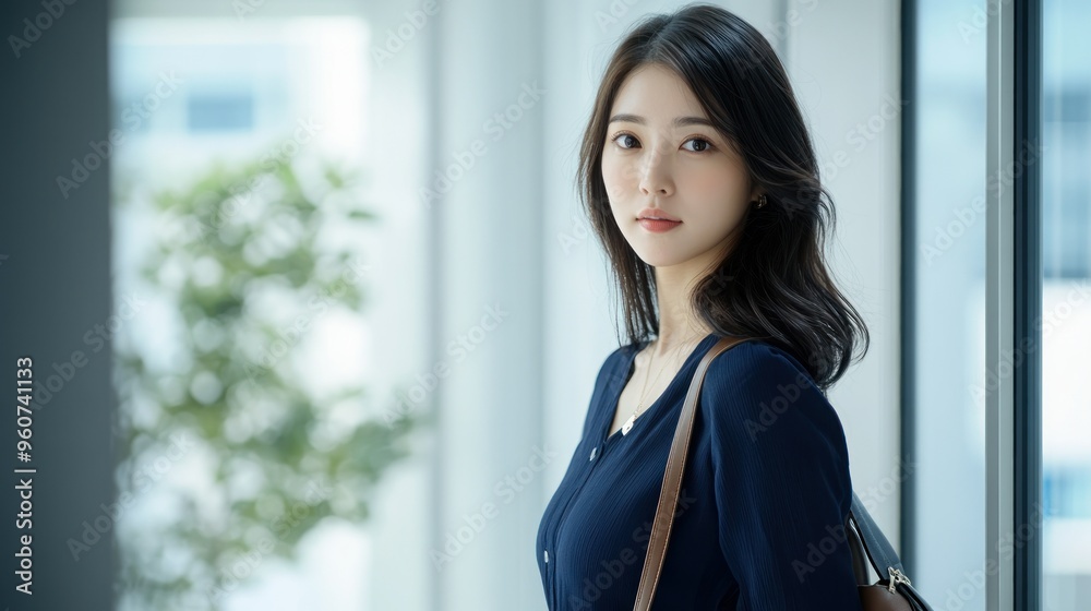 Young Woman with Long Black Hair Standing by a Window Young Woman with Long Black Hair Standing by a Window