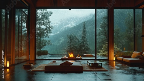 Cozy interior room design with rain