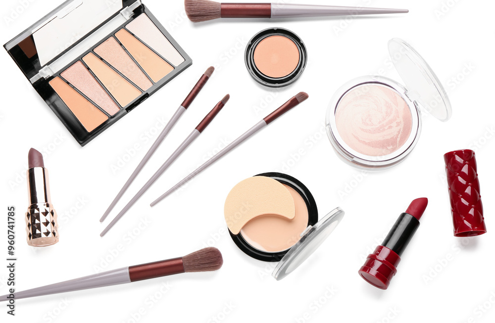 Set of different decorative cosmetics on white background Set of different decorative cosmetics on white background